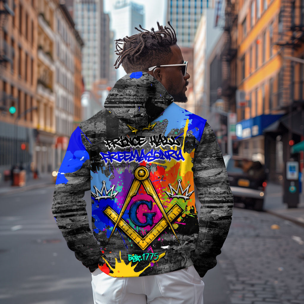 Prince Hall Freemasonry Zip Hoodie Colorful Graffiti Paint Splatter On Urban Stone Wall