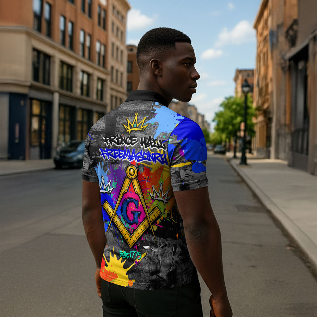 Prince Hall Freemasonry Zipper Polo Shirt Colorful Graffiti Paint Splatter On Urban Stone Wall