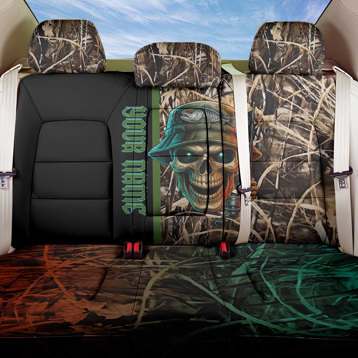 Personalized Fish Reaper Skull Back Car Seat Cover Camouflage Background and Fishing Rod Graphic Design - Wonder Print Shop