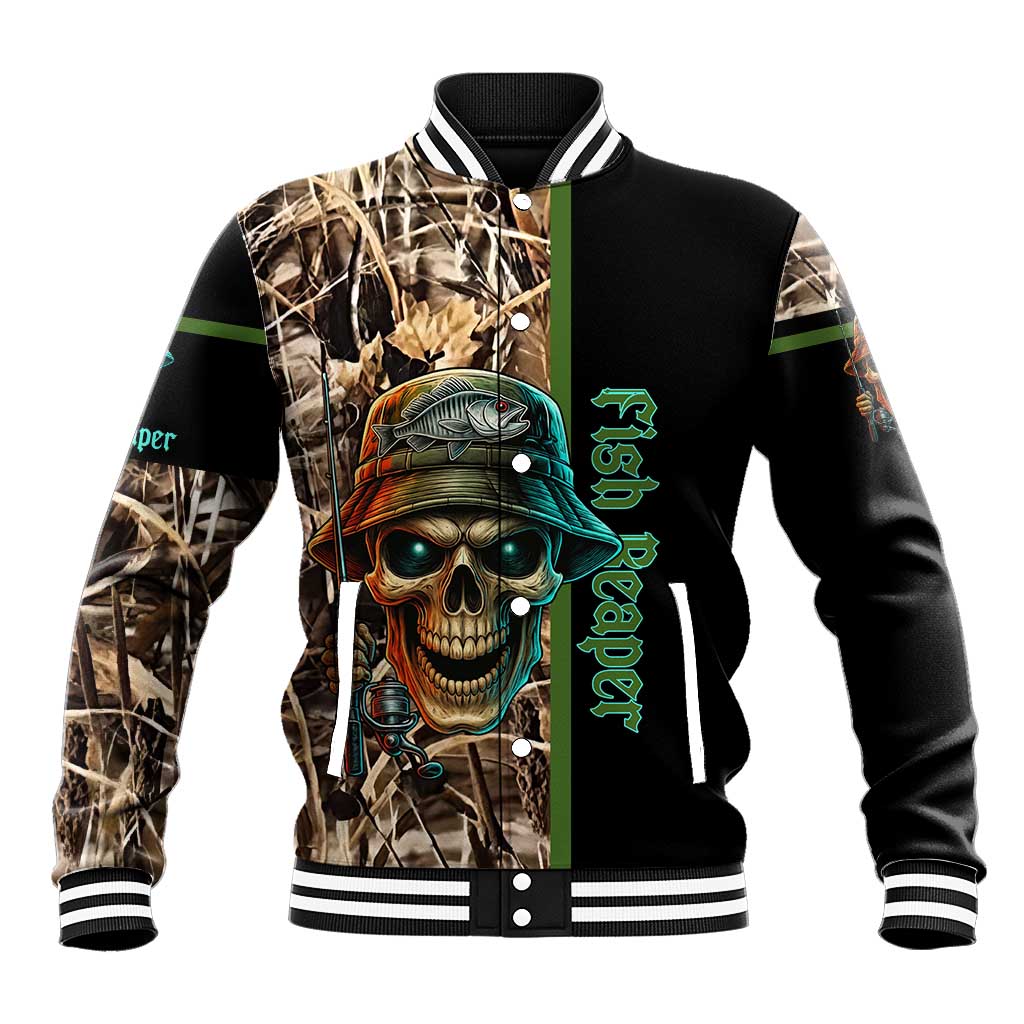 Personalized Fish Reaper Skull Baseball Jacket Camouflage Background and Fishing Rod Graphic Design - Wonder Print Shop