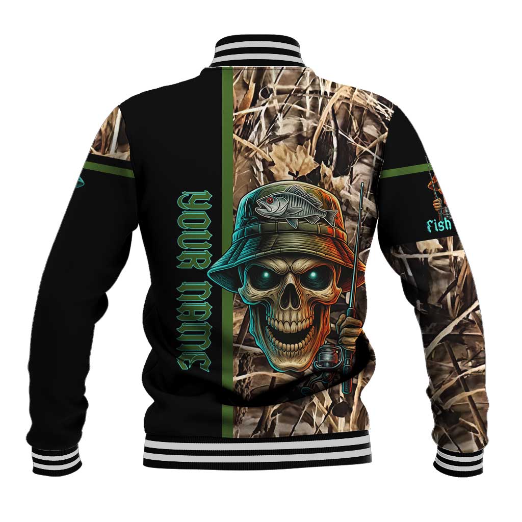 Personalized Fish Reaper Skull Baseball Jacket Camouflage Background and Fishing Rod Graphic Design - Wonder Print Shop