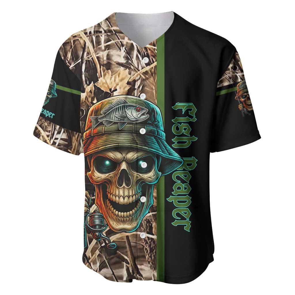 Personalized Fish Reaper Skull Baseball Jersey Camouflage Background and Fishing Rod Graphic Design - Wonder Print Shop