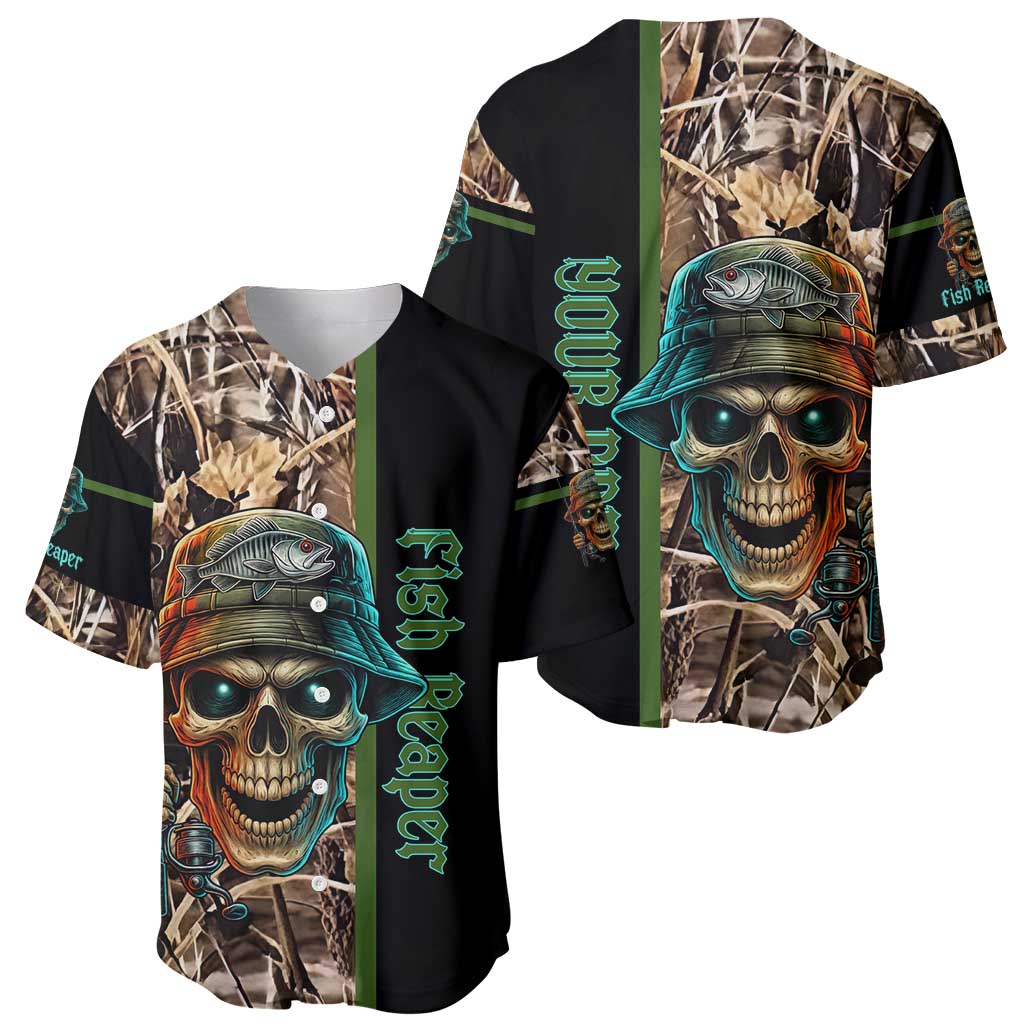 Personalized Fish Reaper Skull Baseball Jersey Camouflage Background and Fishing Rod Graphic Design - Wonder Print Shop