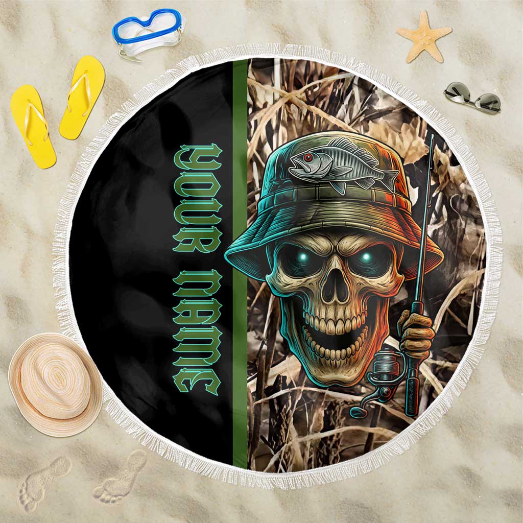 Personalized Fish Reaper Skull Beach Blanket Camouflage Background and Fishing Rod Graphic Design - Wonder Print Shop