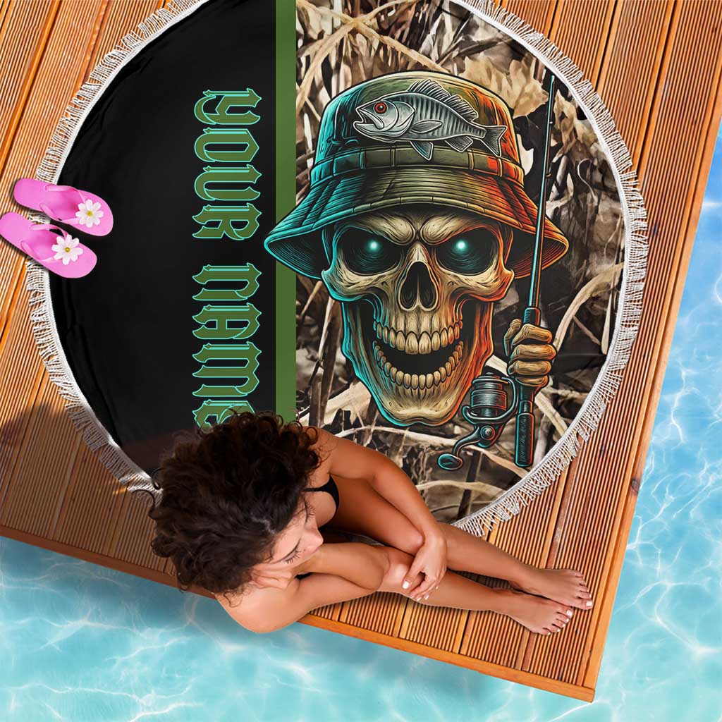 Personalized Fish Reaper Skull Beach Blanket Camouflage Background and Fishing Rod Graphic Design - Wonder Print Shop