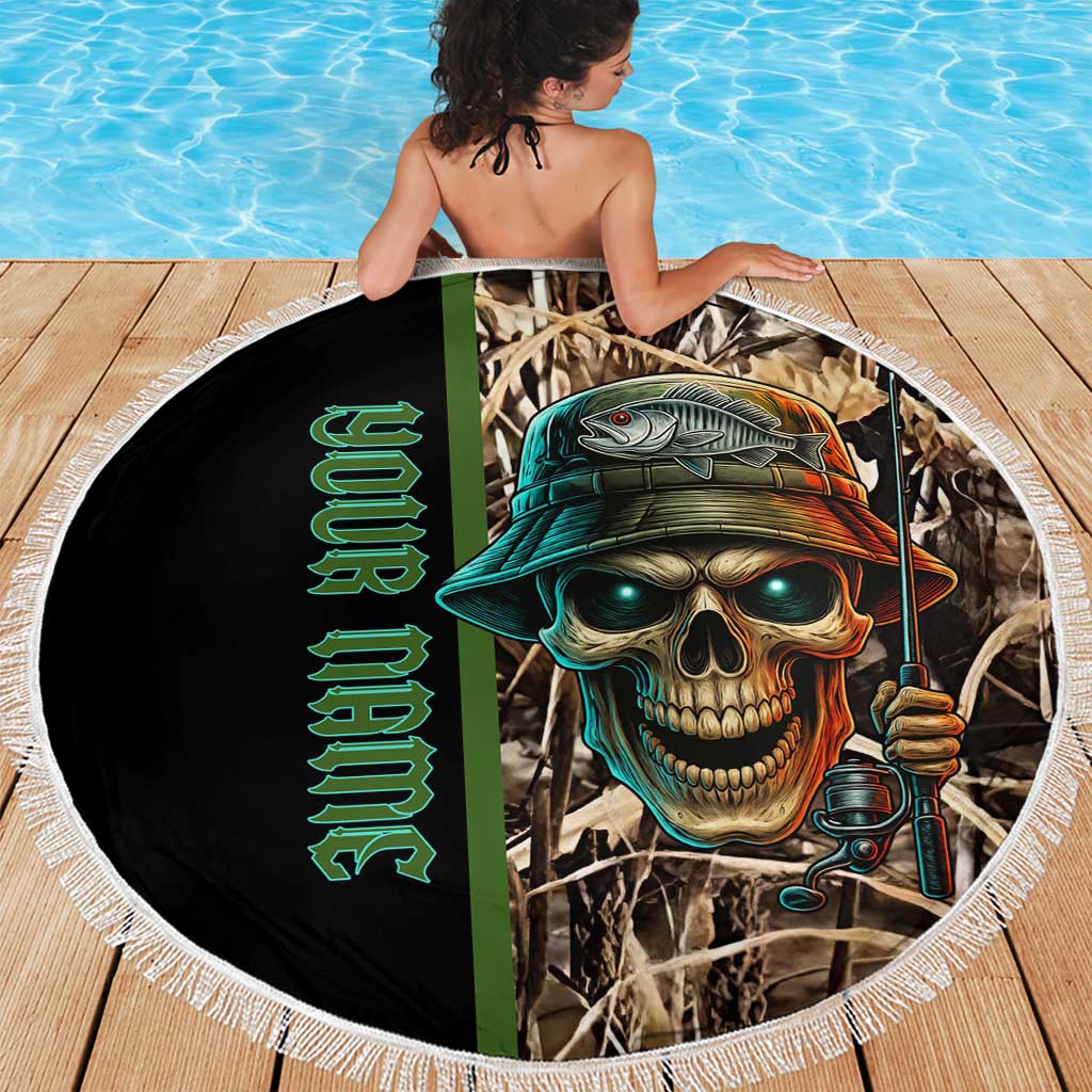 Personalized Fish Reaper Skull Beach Blanket Camouflage Background and Fishing Rod Graphic Design - Wonder Print Shop