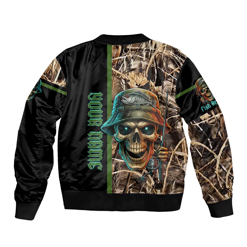 Personalized Fish Reaper Skull Bomber Jacket Camouflage Background and Fishing Rod Graphic Design - Wonder Print Shop