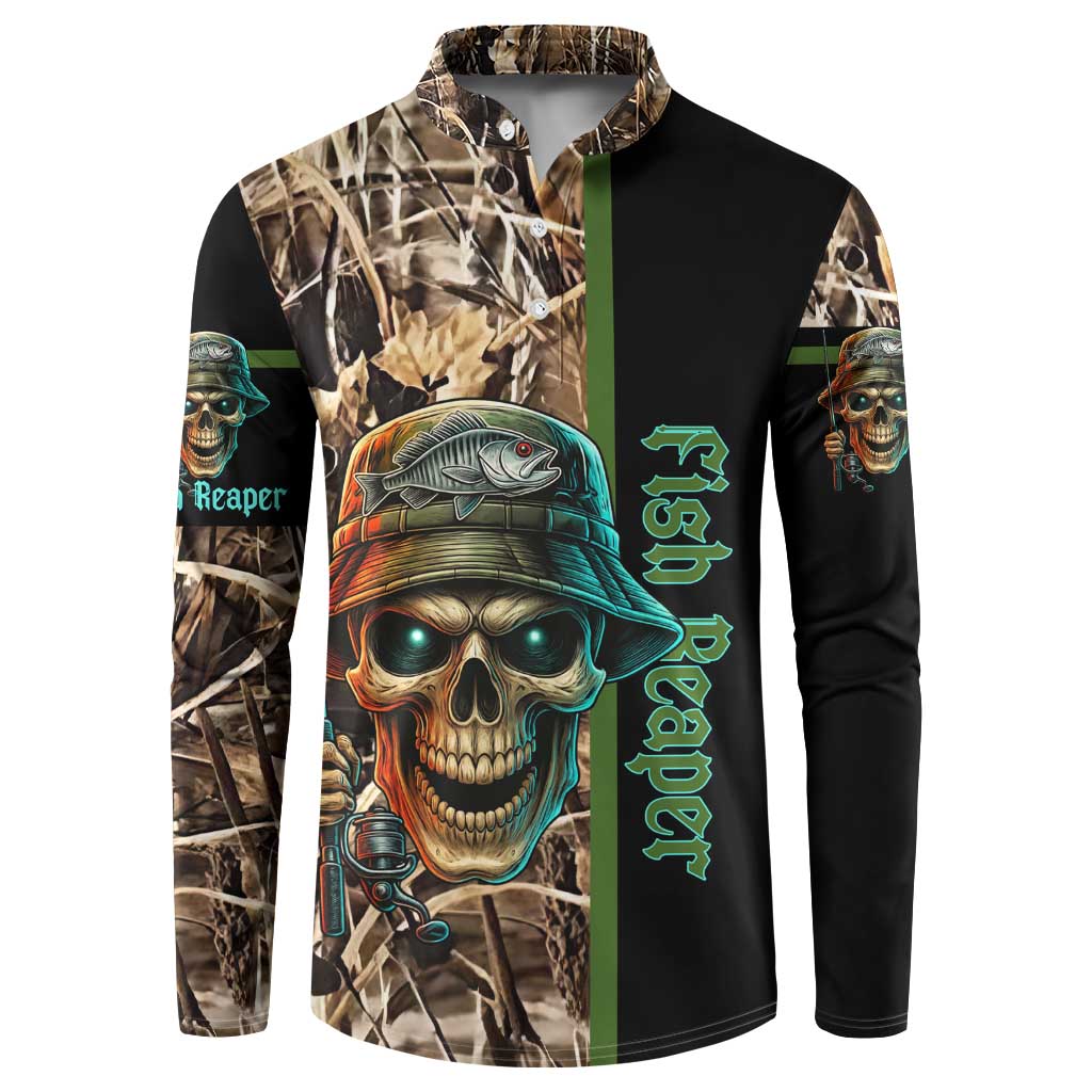 Personalized Fish Reaper Skull Button Sweatshirt Camouflage Background and Fishing Rod Graphic Design - Wonder Print Shop