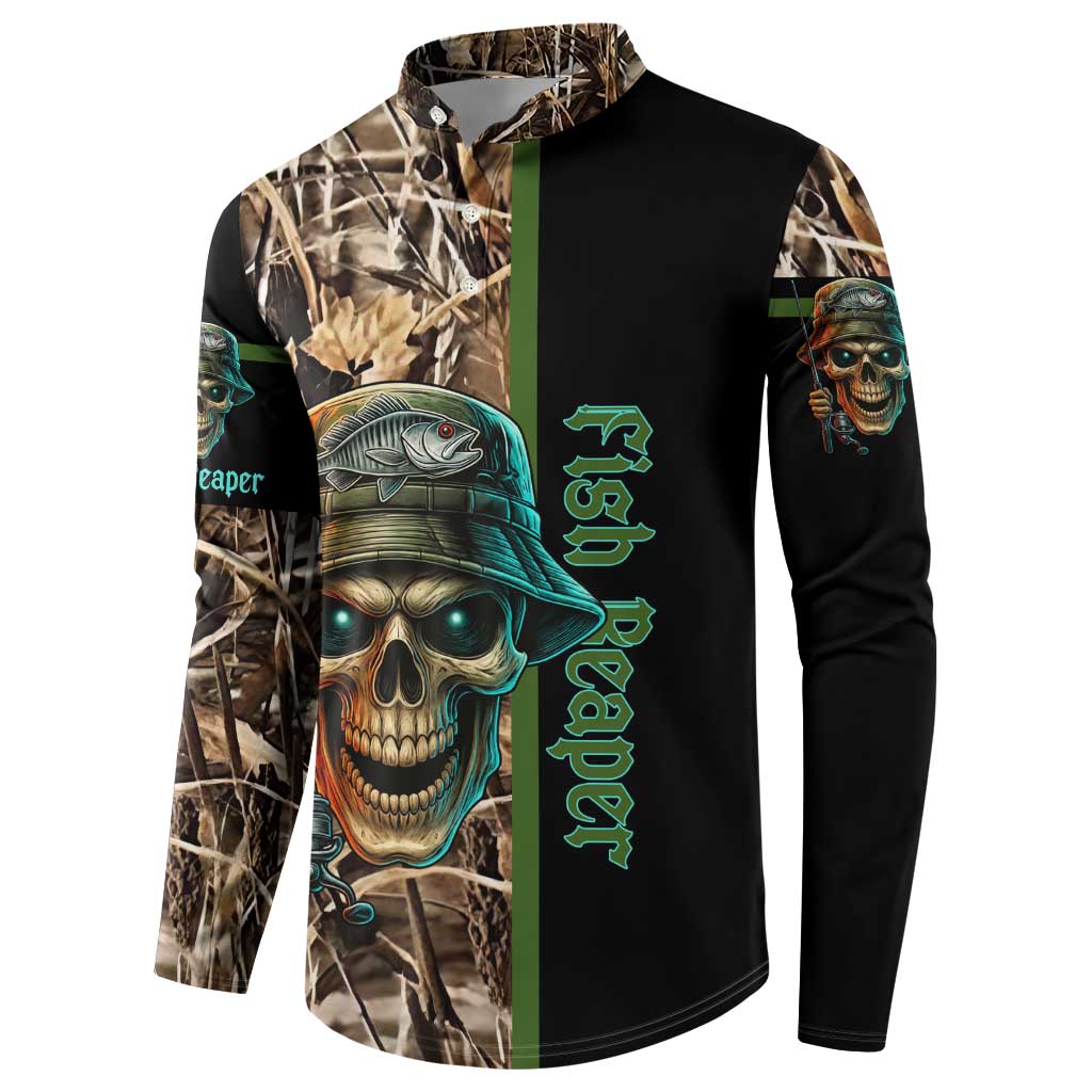 Personalized Fish Reaper Skull Button Sweatshirt Camouflage Background and Fishing Rod Graphic Design - Wonder Print Shop