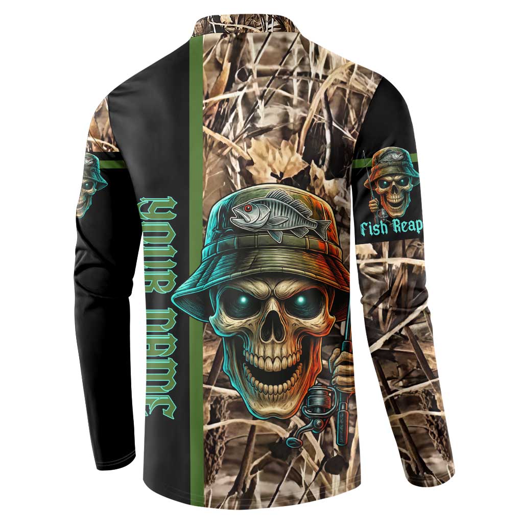 Personalized Fish Reaper Skull Button Sweatshirt Camouflage Background and Fishing Rod Graphic Design - Wonder Print Shop