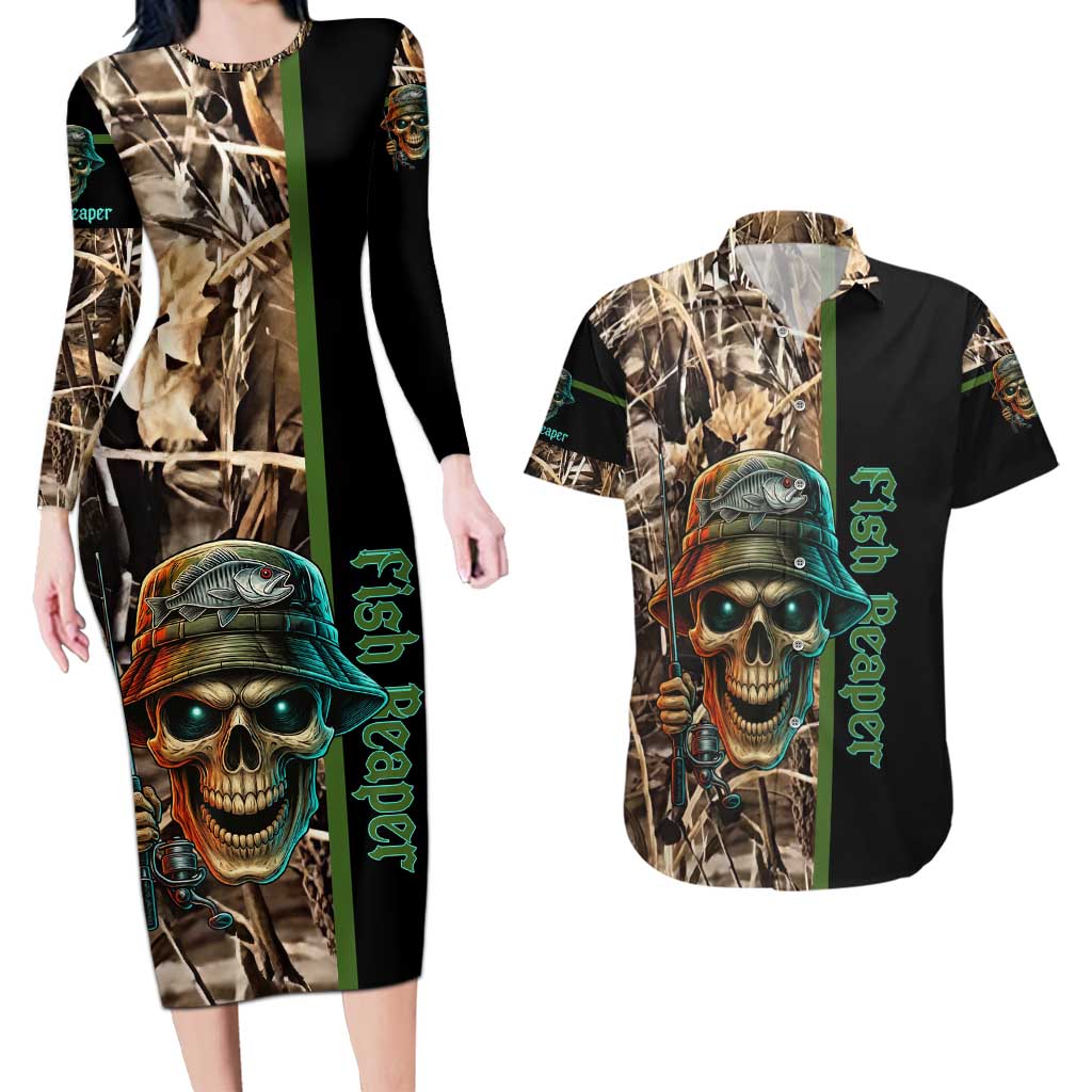 Personalized Fish Reaper Skull Couples Matching Long Sleeve Bodycon Dress and Hawaiian Shirt Camouflage Background and Fishing Rod Graphic Design - Wonder Print Shop