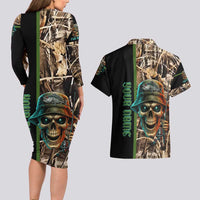 Personalized Fish Reaper Skull Couples Matching Long Sleeve Bodycon Dress and Hawaiian Shirt Camouflage Background and Fishing Rod Graphic Design - Wonder Print Shop