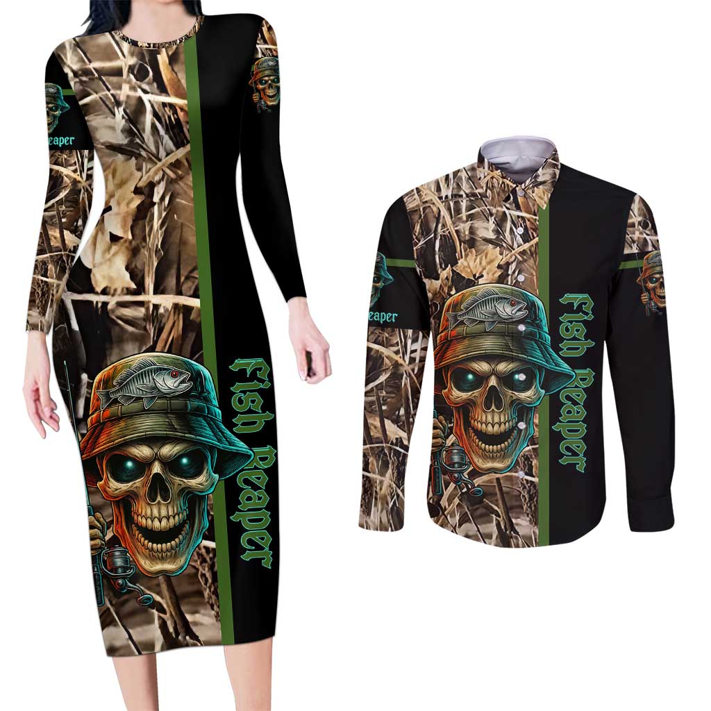 Personalized Fish Reaper Skull Couples Matching Long Sleeve Bodycon Dress and Long Sleeve Button Shirt Camouflage Background and Fishing Rod Graphic Design - Wonder Print Shop
