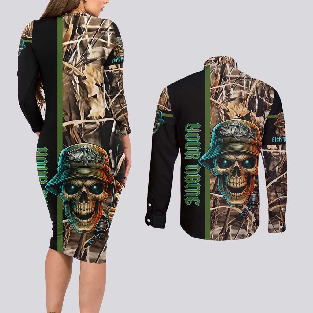 Personalized Fish Reaper Skull Couples Matching Long Sleeve Bodycon Dress and Long Sleeve Button Shirt Camouflage Background and Fishing Rod Graphic Design - Wonder Print Shop