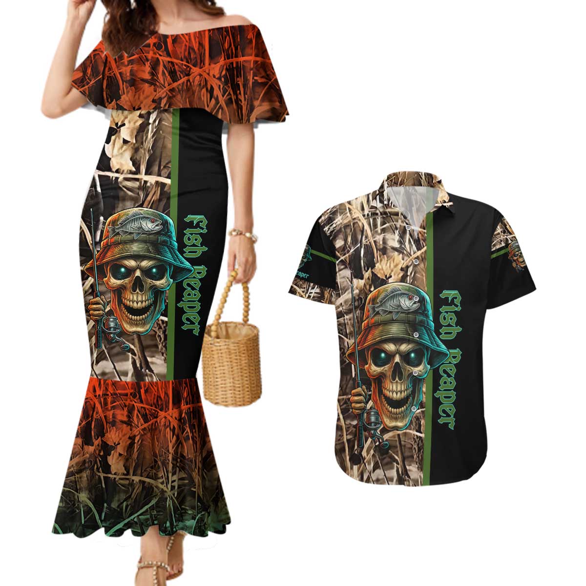 Personalized Fish Reaper Skull Couples Matching Mermaid Dress and Hawaiian Shirt Camouflage Background and Fishing Rod Graphic Design - Wonder Print Shop