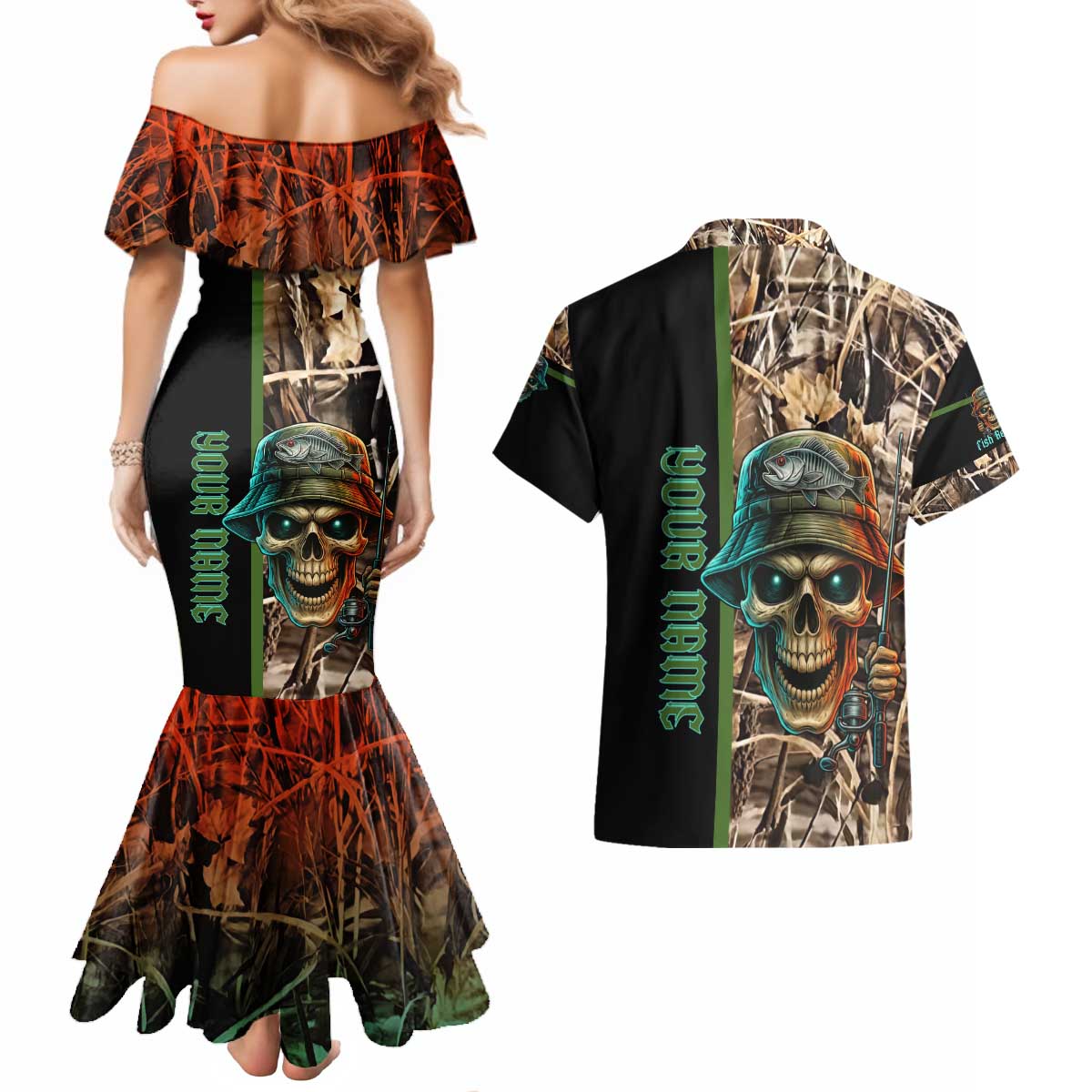 Personalized Fish Reaper Skull Couples Matching Mermaid Dress and Hawaiian Shirt Camouflage Background and Fishing Rod Graphic Design - Wonder Print Shop