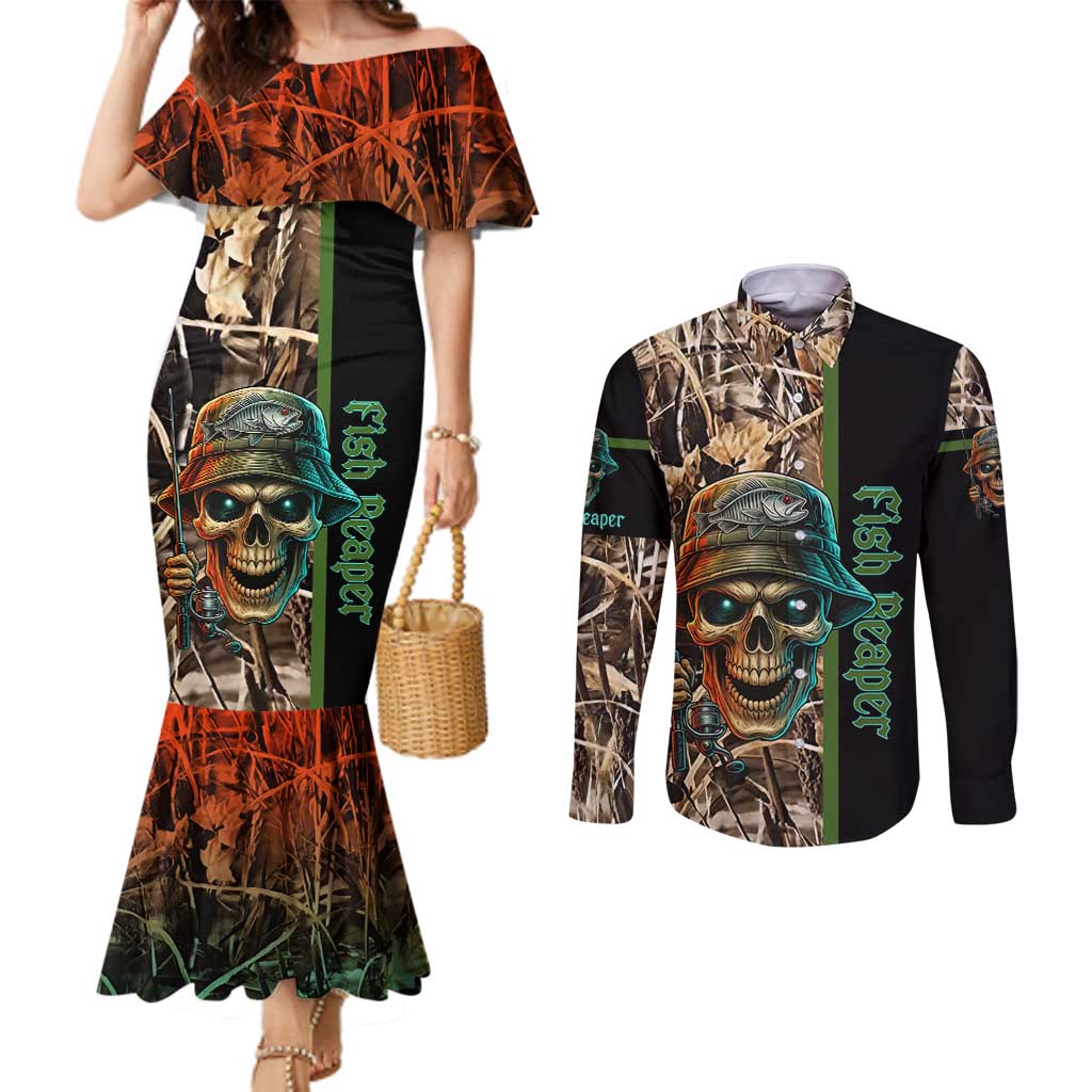 Personalized Fish Reaper Skull Couples Matching Mermaid Dress and Long Sleeve Button Shirt Camouflage Background and Fishing Rod Graphic Design - Wonder Print Shop