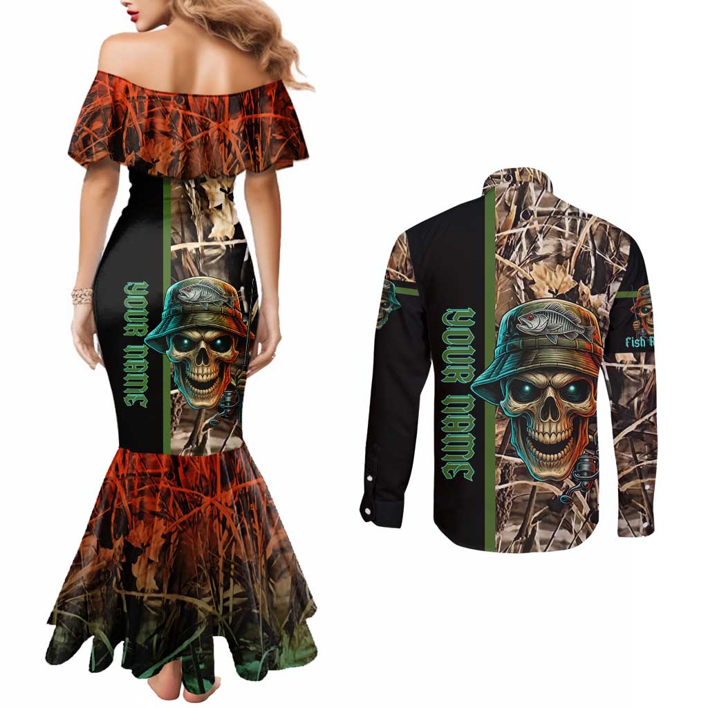 Personalized Fish Reaper Skull Couples Matching Mermaid Dress and Long Sleeve Button Shirt Camouflage Background and Fishing Rod Graphic Design - Wonder Print Shop