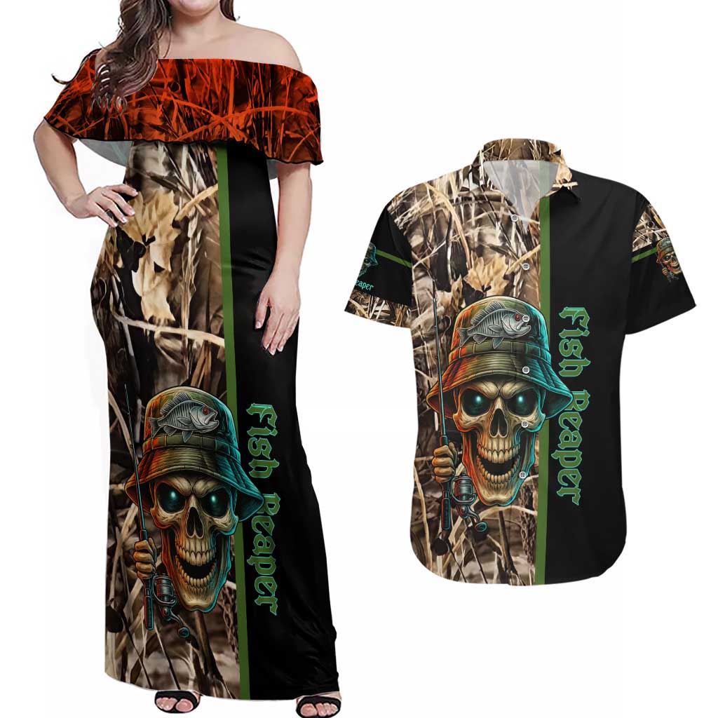 Personalized Fish Reaper Skull Couples Matching Off Shoulder Maxi Dress and Hawaiian Shirt Camouflage Background and Fishing Rod Graphic Design - Wonder Print Shop