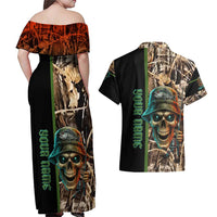 Personalized Fish Reaper Skull Couples Matching Off Shoulder Maxi Dress and Hawaiian Shirt Camouflage Background and Fishing Rod Graphic Design - Wonder Print Shop