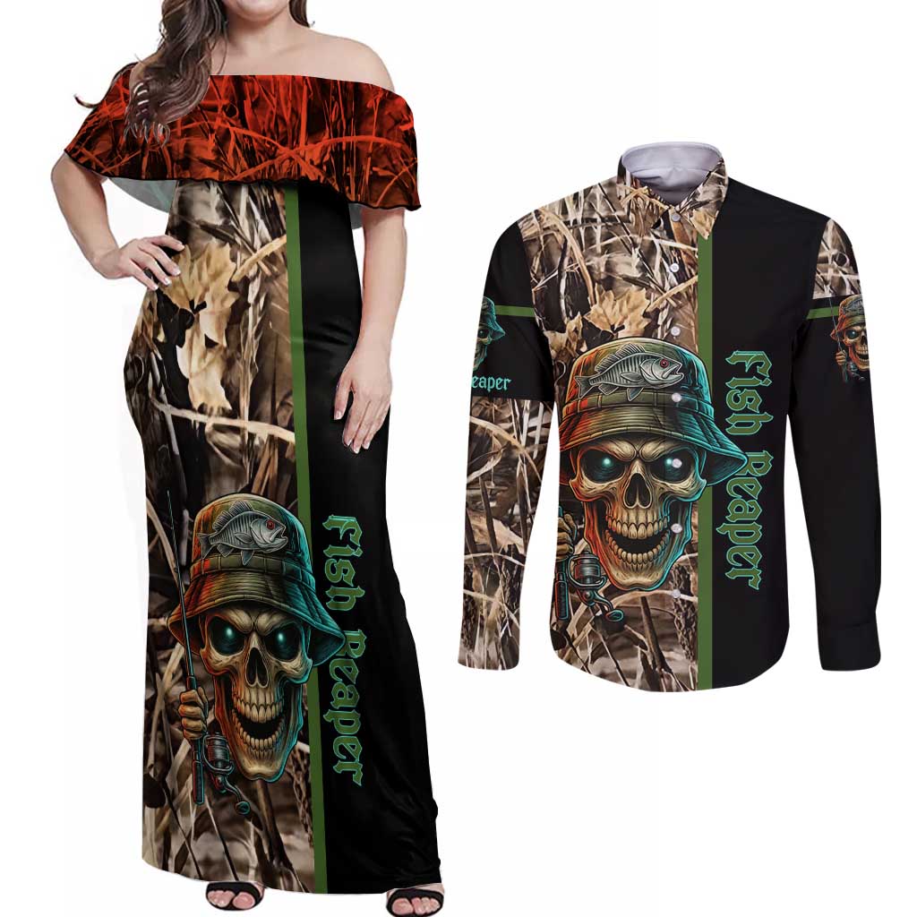Personalized Fish Reaper Skull Couples Matching Off Shoulder Maxi Dress and Long Sleeve Button Shirt Camouflage Background and Fishing Rod Graphic Design - Wonder Print Shop