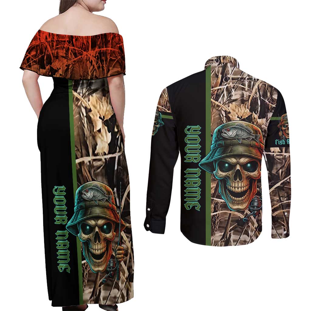 Personalized Fish Reaper Skull Couples Matching Off Shoulder Maxi Dress and Long Sleeve Button Shirt Camouflage Background and Fishing Rod Graphic Design - Wonder Print Shop