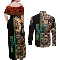 Personalized Fish Reaper Skull Couples Matching Off Shoulder Maxi Dress and Long Sleeve Button Shirt Camouflage Background and Fishing Rod Graphic Design - Wonder Print Shop
