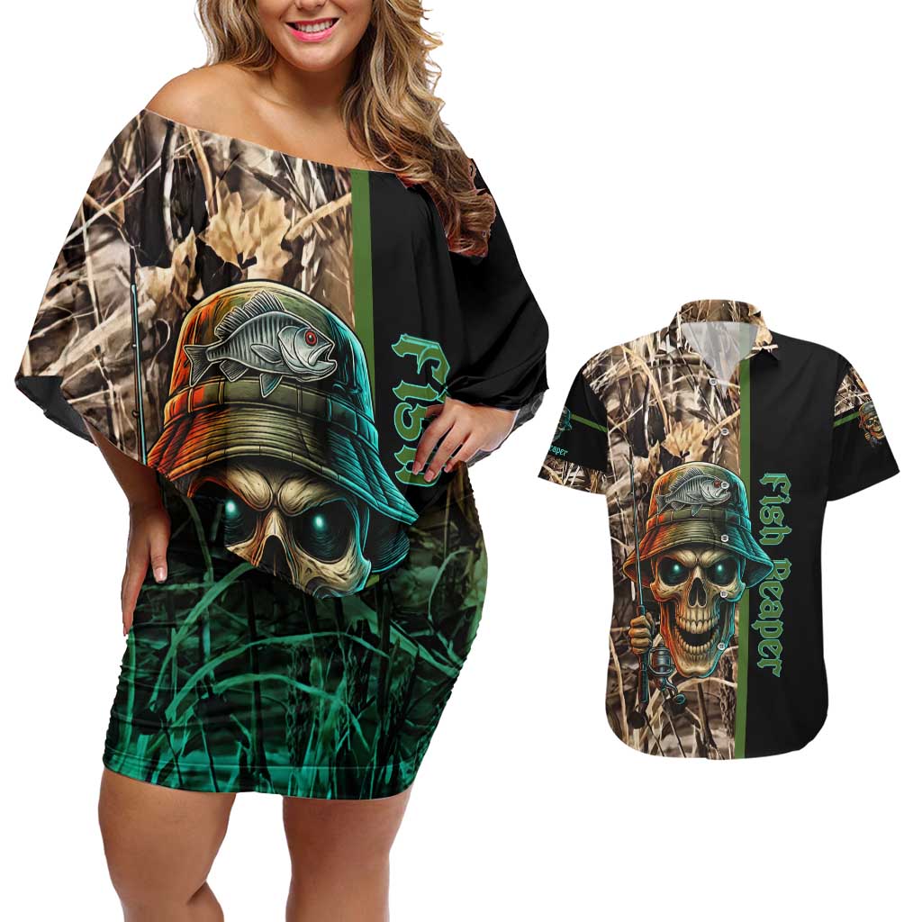 Personalized Fish Reaper Skull Couples Matching Off Shoulder Short Dress and Hawaiian Shirt Camouflage Background and Fishing Rod Graphic Design - Wonder Print Shop