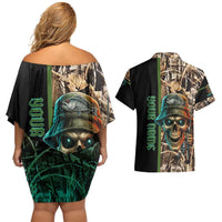 Personalized Fish Reaper Skull Couples Matching Off Shoulder Short Dress and Hawaiian Shirt Camouflage Background and Fishing Rod Graphic Design - Wonder Print Shop