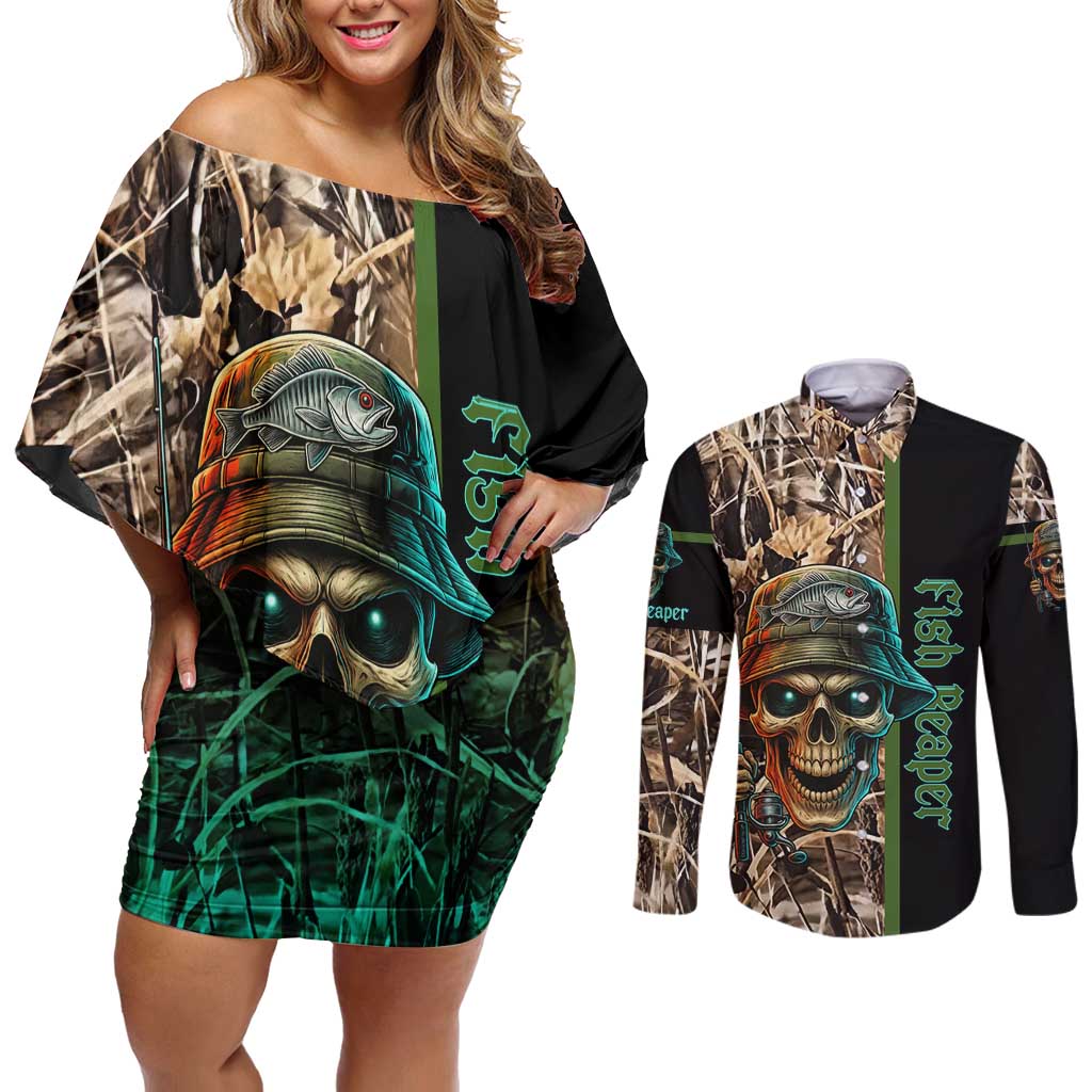 Personalized Fish Reaper Skull Couples Matching Off Shoulder Short Dress and Long Sleeve Button Shirt Camouflage Background and Fishing Rod Graphic Design - Wonder Print Shop