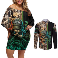 Personalized Fish Reaper Skull Couples Matching Off Shoulder Short Dress and Long Sleeve Button Shirt Camouflage Background and Fishing Rod Graphic Design - Wonder Print Shop
