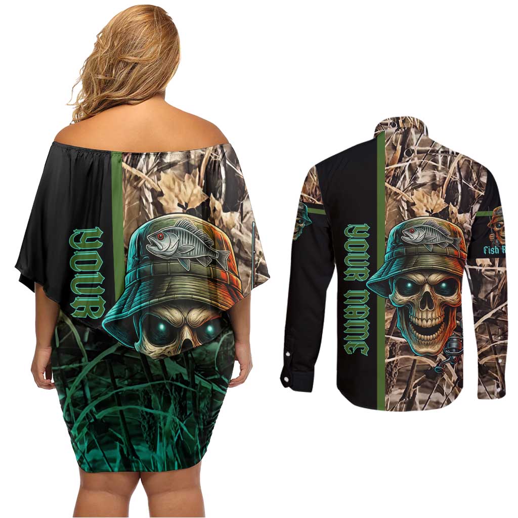 Personalized Fish Reaper Skull Couples Matching Off Shoulder Short Dress and Long Sleeve Button Shirt Camouflage Background and Fishing Rod Graphic Design - Wonder Print Shop
