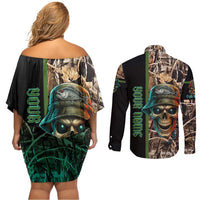 Personalized Fish Reaper Skull Couples Matching Off Shoulder Short Dress and Long Sleeve Button Shirt Camouflage Background and Fishing Rod Graphic Design - Wonder Print Shop