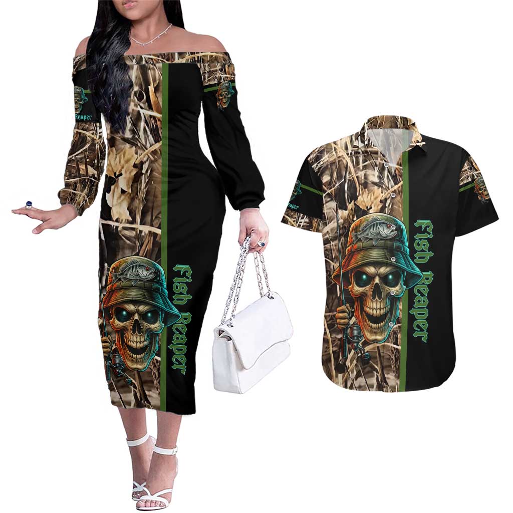 Personalized Fish Reaper Skull Couples Matching Off The Shoulder Long Sleeve Dress and Hawaiian Shirt Camouflage Background and Fishing Rod Graphic Design - Wonder Print Shop