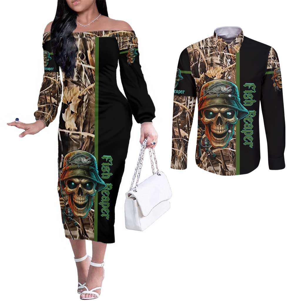 Personalized Fish Reaper Skull Couples Matching Off The Shoulder Long Sleeve Dress and Long Sleeve Button Shirt Camouflage Background and Fishing Rod Graphic Design - Wonder Print Shop