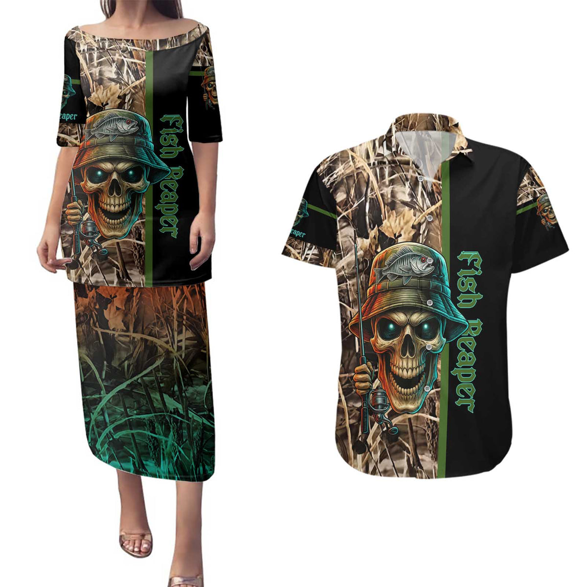 Personalized Fish Reaper Skull Couples Matching Puletasi and Hawaiian Shirt Camouflage Background and Fishing Rod Graphic Design - Wonder Print Shop