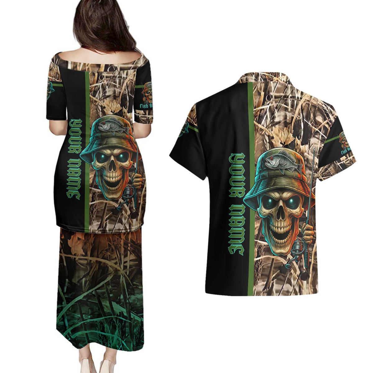 Personalized Fish Reaper Skull Couples Matching Puletasi and Hawaiian Shirt Camouflage Background and Fishing Rod Graphic Design - Wonder Print Shop