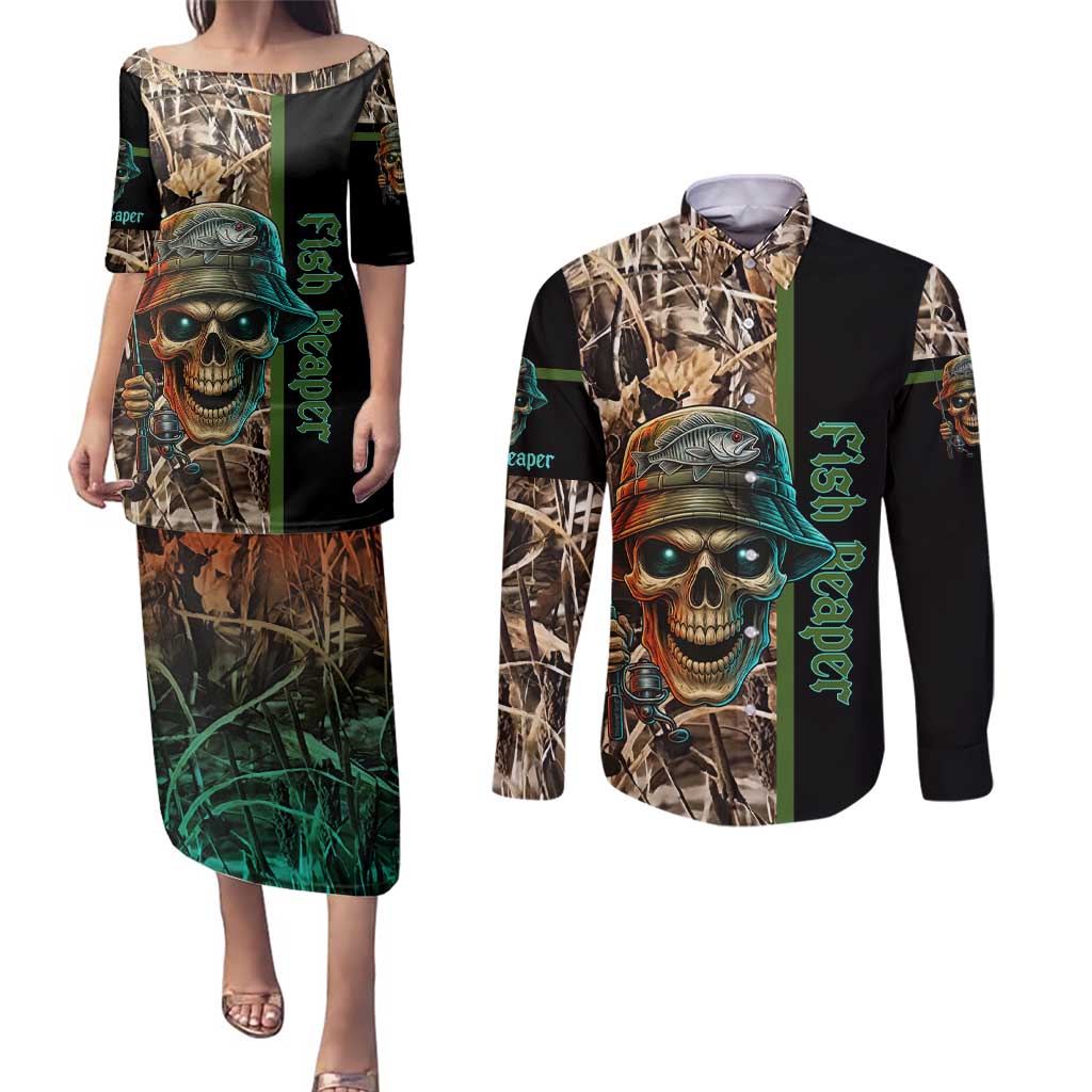 Personalized Fish Reaper Skull Couples Matching Puletasi and Long Sleeve Button Shirt Camouflage Background and Fishing Rod Graphic Design - Wonder Print Shop