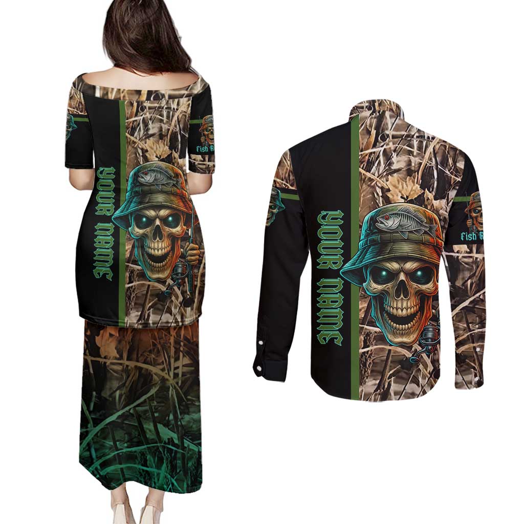 Personalized Fish Reaper Skull Couples Matching Puletasi and Long Sleeve Button Shirt Camouflage Background and Fishing Rod Graphic Design - Wonder Print Shop