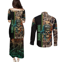 Personalized Fish Reaper Skull Couples Matching Puletasi and Long Sleeve Button Shirt Camouflage Background and Fishing Rod Graphic Design - Wonder Print Shop