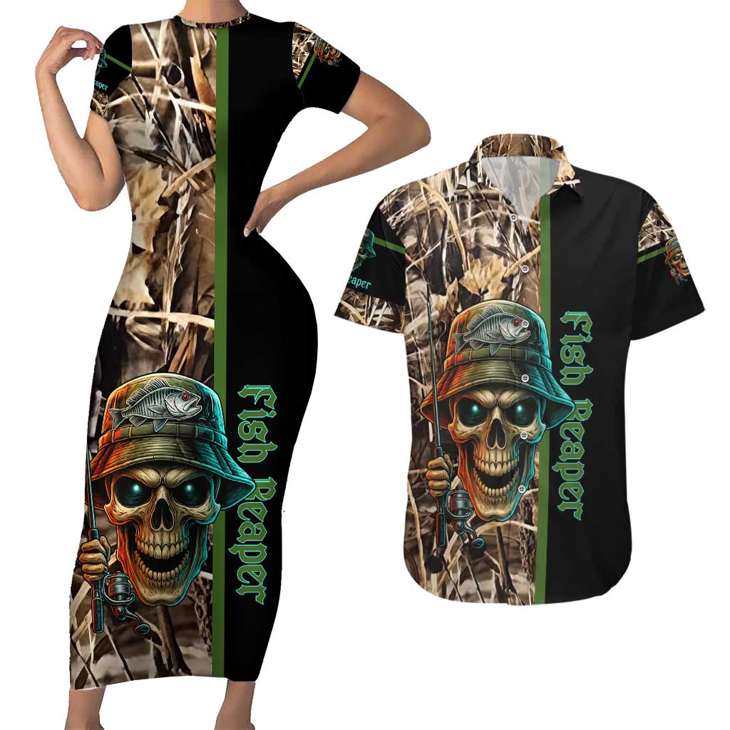 Personalized Fish Reaper Skull Couples Matching Short Sleeve Bodycon Dress and Hawaiian Shirt Camouflage Background and Fishing Rod Graphic Design - Wonder Print Shop