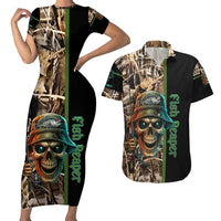 Personalized Fish Reaper Skull Couples Matching Short Sleeve Bodycon Dress and Hawaiian Shirt Camouflage Background and Fishing Rod Graphic Design - Wonder Print Shop