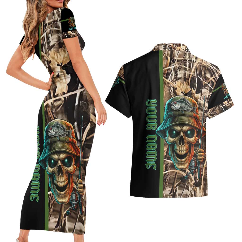 Personalized Fish Reaper Skull Couples Matching Short Sleeve Bodycon Dress and Hawaiian Shirt Camouflage Background and Fishing Rod Graphic Design - Wonder Print Shop
