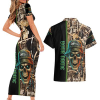Personalized Fish Reaper Skull Couples Matching Short Sleeve Bodycon Dress and Hawaiian Shirt Camouflage Background and Fishing Rod Graphic Design - Wonder Print Shop