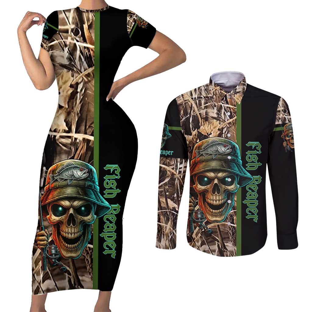 Personalized Fish Reaper Skull Couples Matching Short Sleeve Bodycon Dress and Long Sleeve Button Shirt Camouflage Background and Fishing Rod Graphic Design - Wonder Print Shop