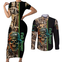 Personalized Fish Reaper Skull Couples Matching Short Sleeve Bodycon Dress and Long Sleeve Button Shirt Camouflage Background and Fishing Rod Graphic Design - Wonder Print Shop