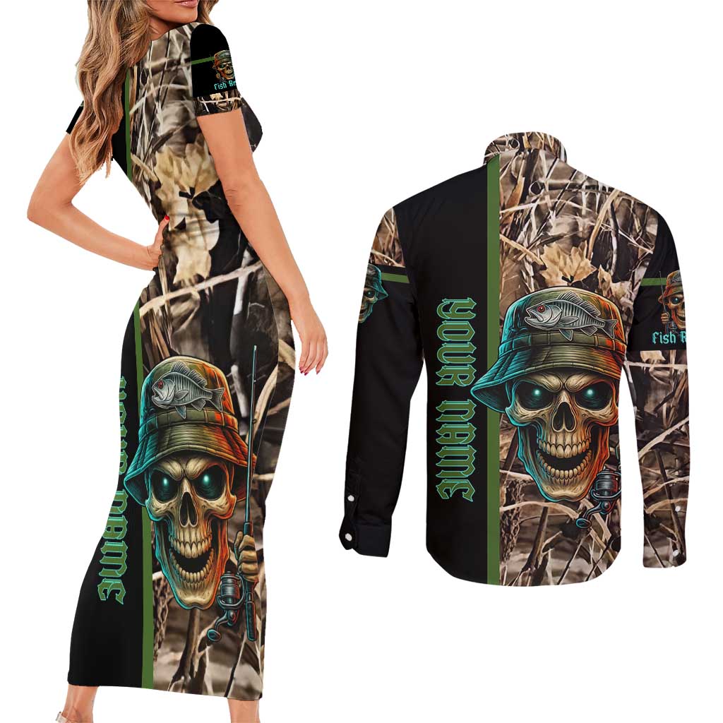Personalized Fish Reaper Skull Couples Matching Short Sleeve Bodycon Dress and Long Sleeve Button Shirt Camouflage Background and Fishing Rod Graphic Design - Wonder Print Shop