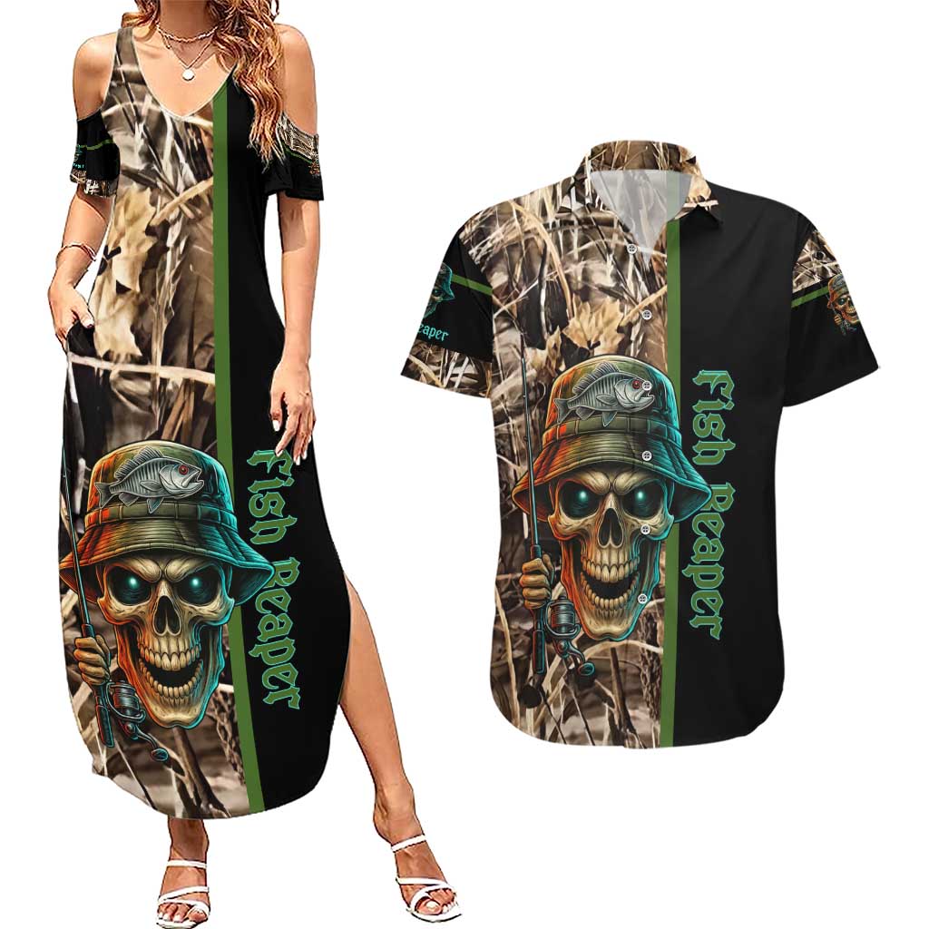 Personalized Fish Reaper Skull Couples Matching Summer Maxi Dress and Hawaiian Shirt Camouflage Background and Fishing Rod Graphic Design - Wonder Print Shop