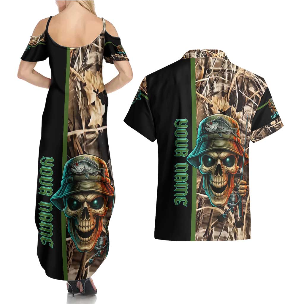 Personalized Fish Reaper Skull Couples Matching Summer Maxi Dress and Hawaiian Shirt Camouflage Background and Fishing Rod Graphic Design - Wonder Print Shop