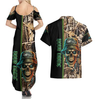 Personalized Fish Reaper Skull Couples Matching Summer Maxi Dress and Hawaiian Shirt Camouflage Background and Fishing Rod Graphic Design - Wonder Print Shop